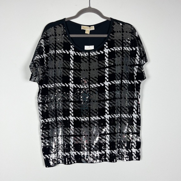 NEW Michael Michael Kors Black Silver Houndstooth Sequin Embellished Shirt Top L - Picture 1 of 4
